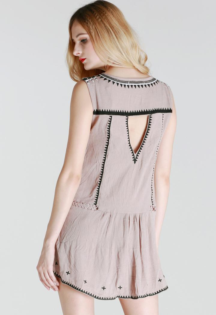 Romwe Back Cut Out Tribal Embroidered Dress