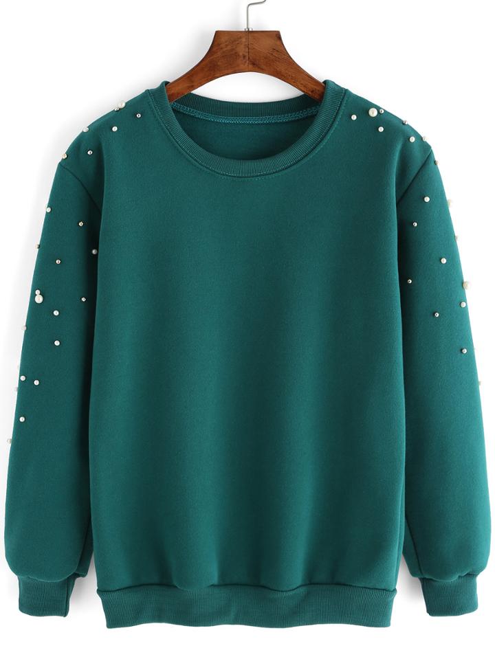 Romwe Beaded Thicken Green Sweatshirt