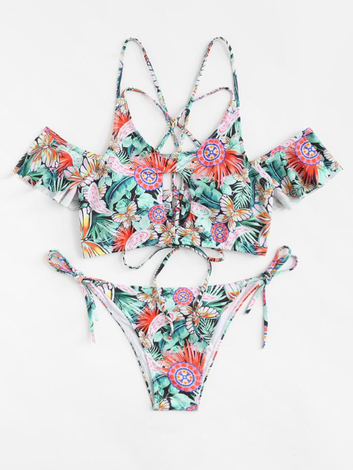 Romwe Jungle Print Ruffle Bikini Set