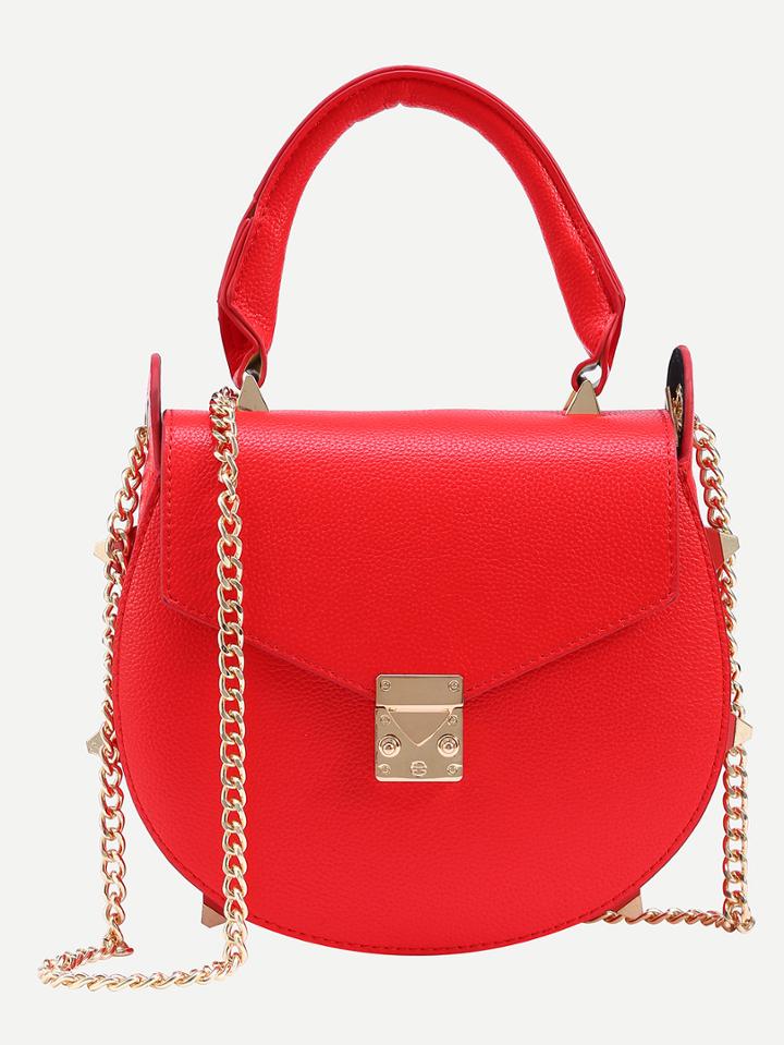 Romwe Studded Handle Saddle Bag With Chain - Red