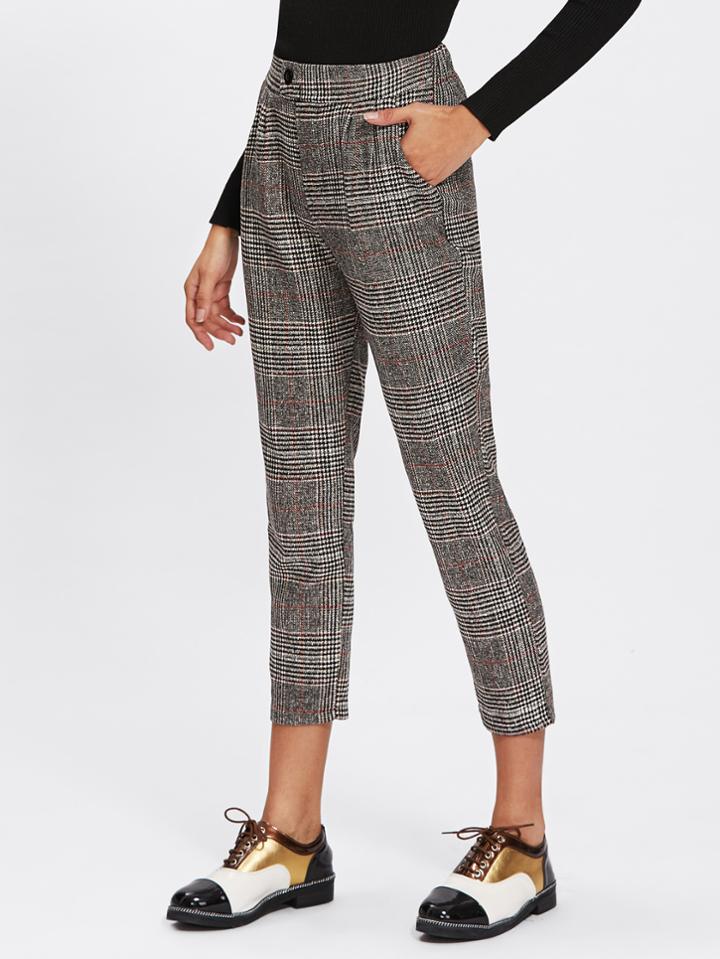 Romwe Button Detail Plaid Crop Pants