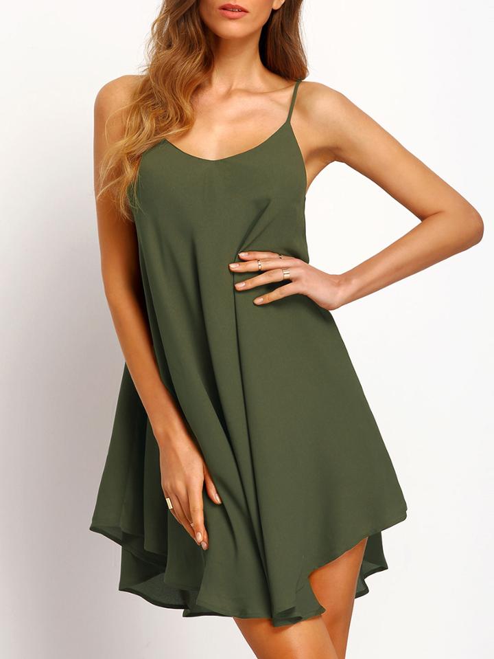 Romwe Army Green Asymmetrical Criss Cross Back Spaghetti Strap Sundress
