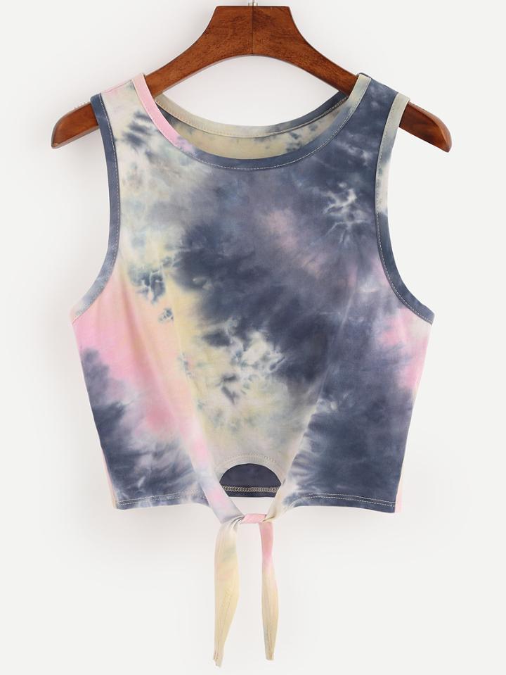 Romwe Tie-dyed Tie Front Tank Top