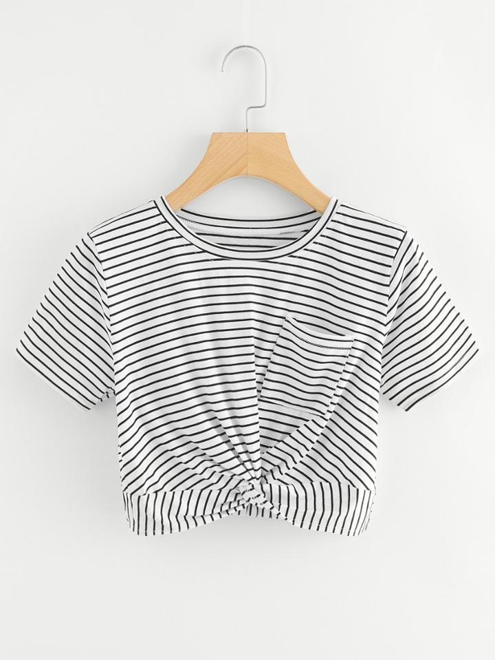 Romwe Chest Pocket Twist Striped Tee