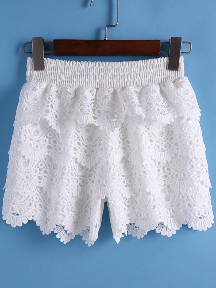 Romwe Elastic Waist Ruffle Lace White Shorts