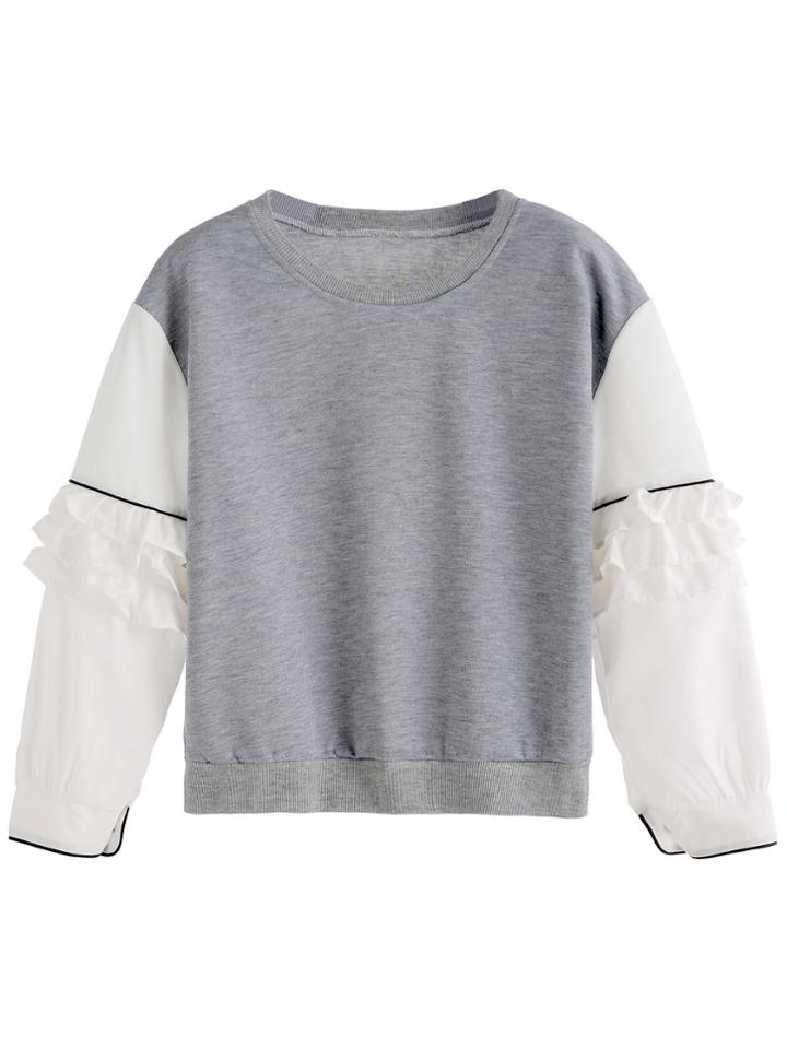 Romwe Light Grey Contrast Sleeve Ruffle Sweatshirt