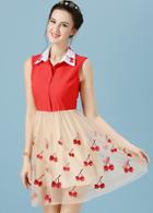 Romwe Contrast Collar Cherry Embroidered Flare Dress