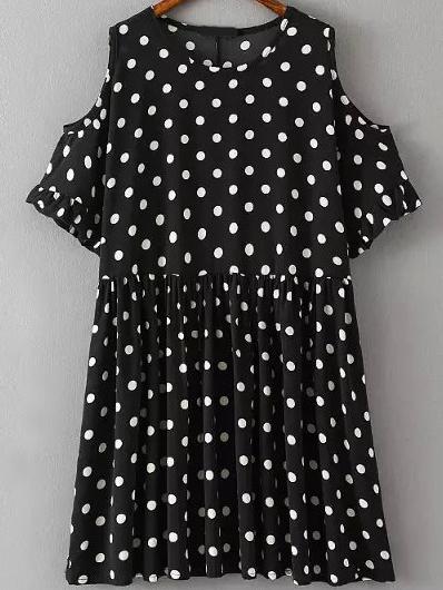 Romwe Open Shoulder Polka Dot White Dress