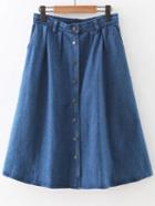 Romwe Blue Button Up Denim A-line Skirt