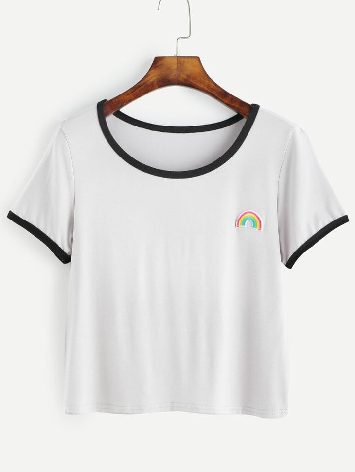 Romwe Contrast Trim Rainbow Embroidered Patch Crop T-shirt