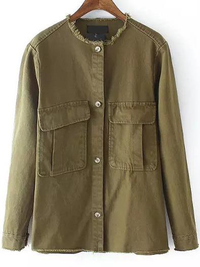 Romwe Round Neck Pockets Buttons Fringe Coat