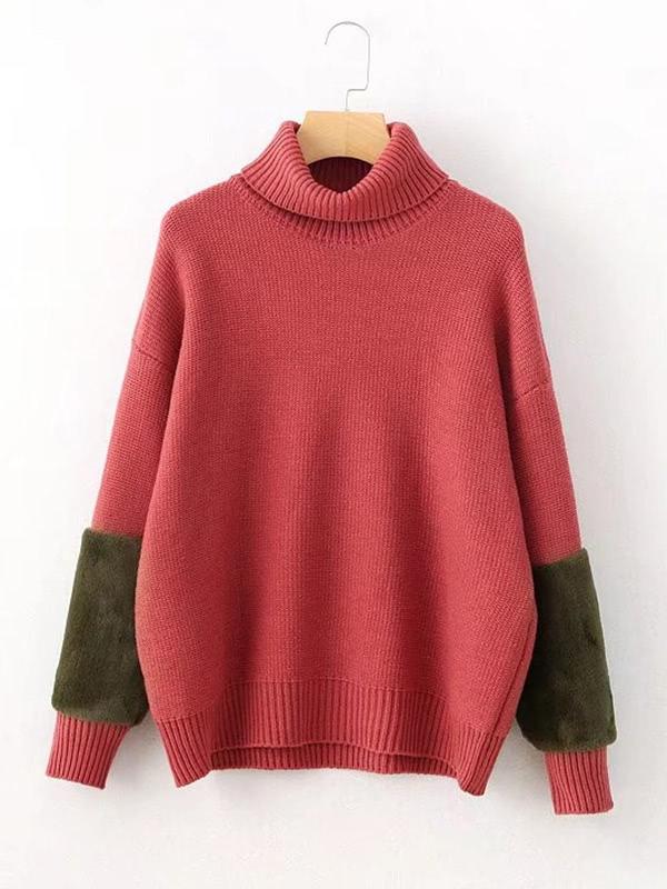 Romwe Contrast Faux Fur Panel Turtleneck Sweater
