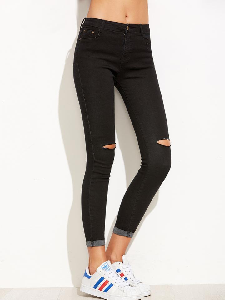 Romwe Black Ripped Rolled Hem Skinny Ankle Jeans
