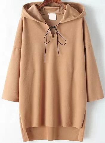 Romwe Hooded Dip Hem Loose Khaki Sweatshirt