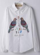 Romwe Lapel With Button Bird Print Slim Blouse
