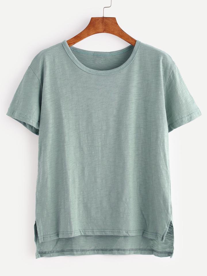 Romwe Green Dip Hem Slit Side T-shirt