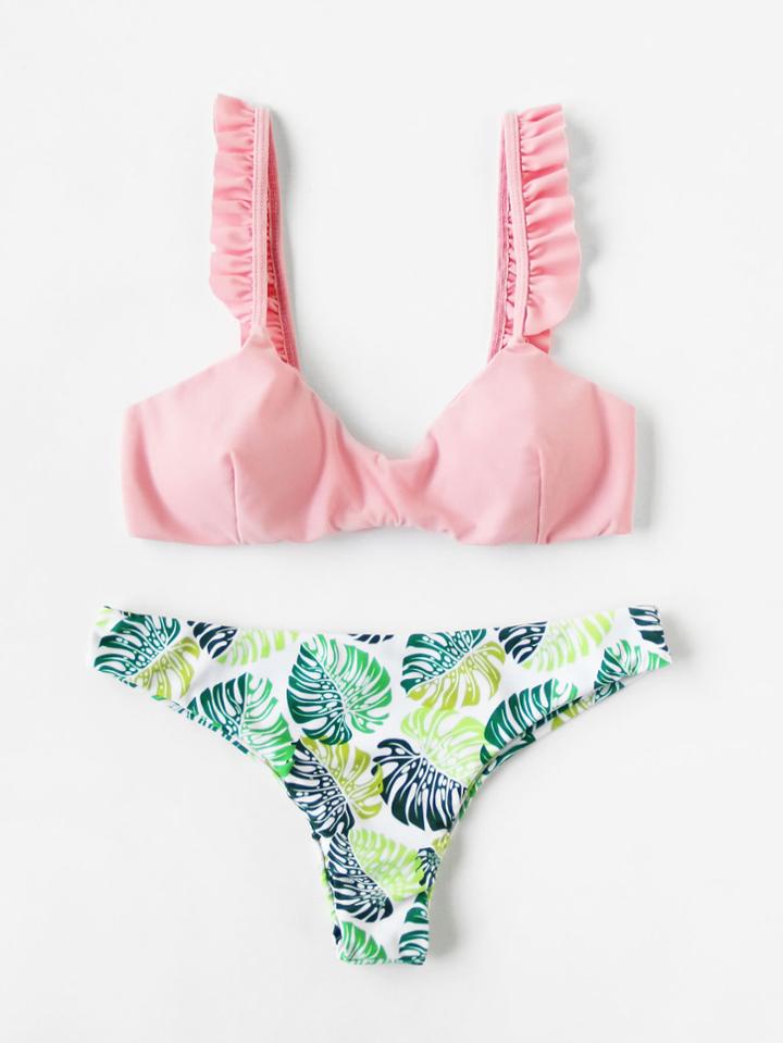 Romwe Frill Trim Palm Print Bikini Set