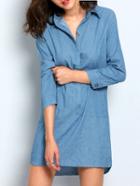 Romwe Blue Cowgirls Lapel Dip Hem Slit Denim Dress