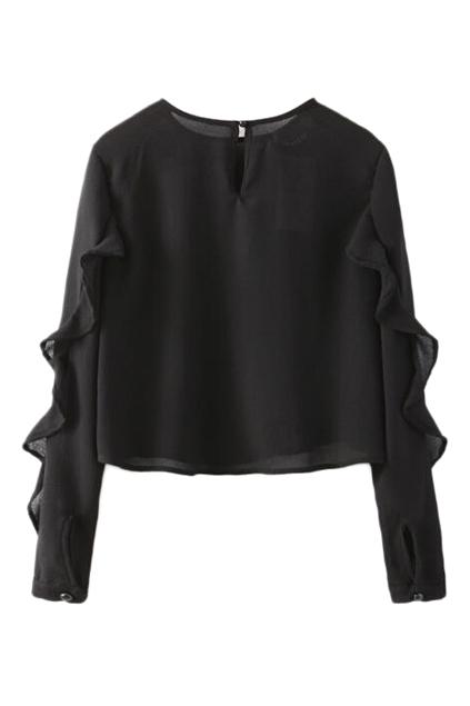 Romwe Flouncing Sleeved Black Blouse