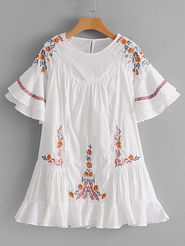 Romwe Tiered Flounce Sleeve Embroidered Dress