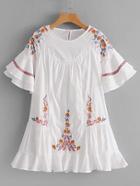 Romwe Tiered Flounce Sleeve Embroidered Dress