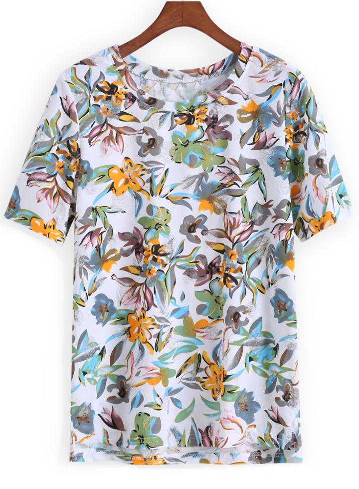 Romwe Dip Hem Florals T-shirt