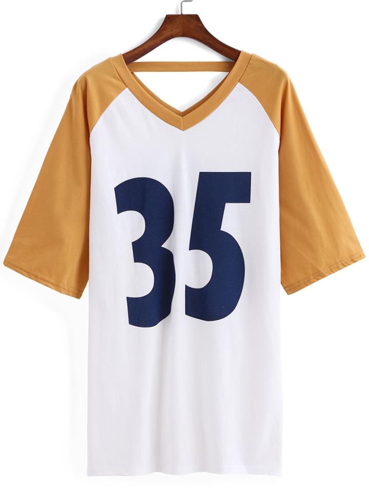 Romwe V Neck 35 Print Color-block T-shirt
