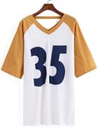 Romwe V Neck 35 Print Color-block T-shirt