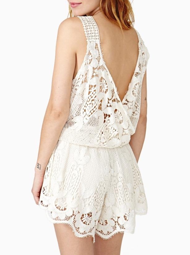 Romwe White Sleeveless Backless Crochet Lace Playsuit