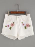 Romwe White Embroidered Tassel Denim Shorts