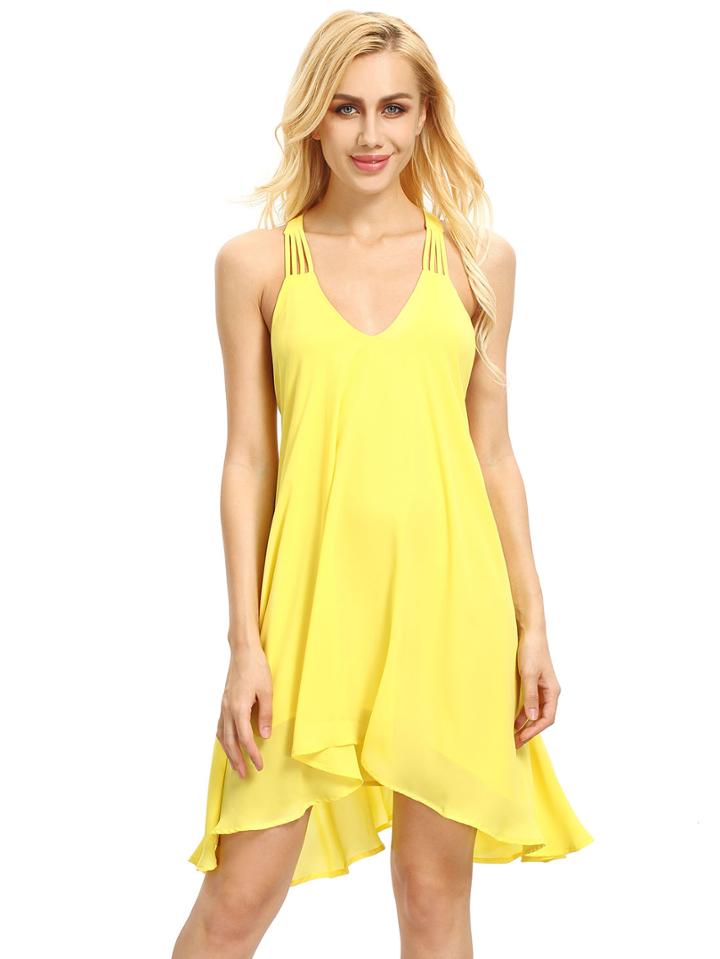 Romwe Yellow Sleeveless Backless Romantic Loved Lolita Pleated Dress