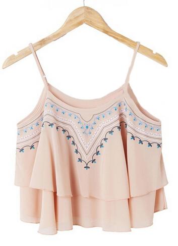 Romwe Spaghetti Strap Embroidered Crop Pale Pink Vest