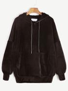 Romwe Brown Drop Shoulder Drawstring Hooded Pocket Velvet Sweatshirt