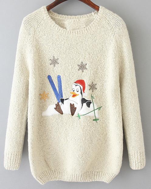 Romwe Penguin Print Loose White Sweater