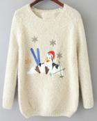 Romwe Penguin Print Loose White Sweater