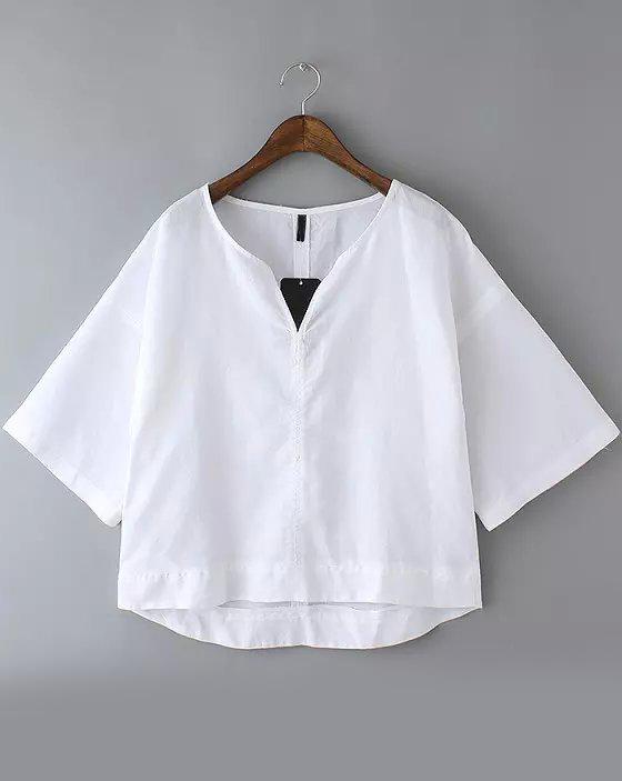 Romwe White V Neck Dip Hem Crop Blouse