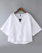 Romwe White V Neck Dip Hem Crop Blouse