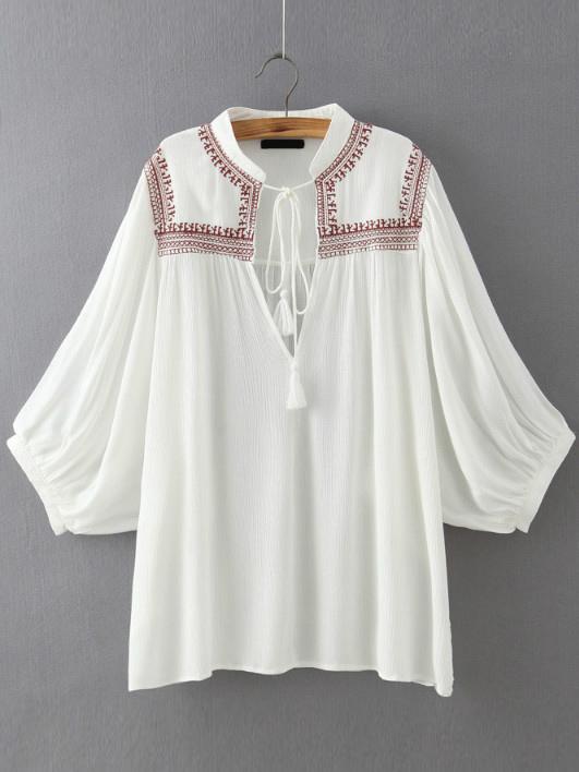 Romwe V Neck Embroidered White Blouse