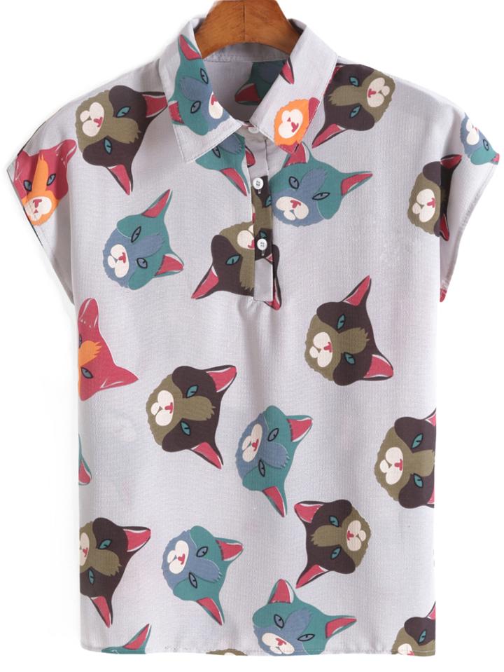 Romwe Lapel With Buttons Cat Print Chiffon Blouse