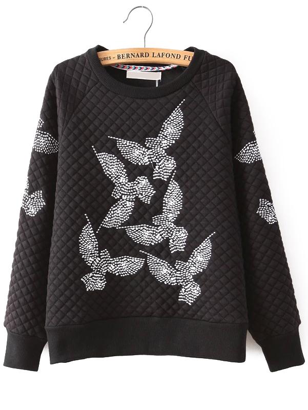Romwe Diamond Dove Embroidered Black Sweatshirt