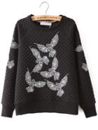Romwe Diamond Dove Embroidered Black Sweatshirt