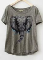 Romwe Grey Short Sleeve Elephant Print T-shirt