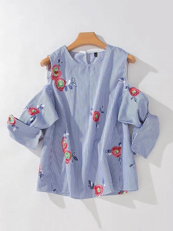 Romwe Open Shoulder Pinstripe Embroidery Top