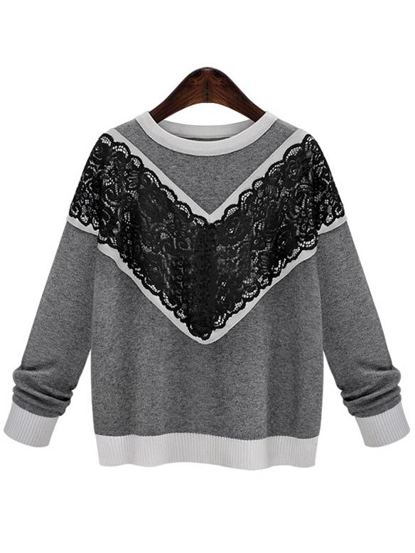 Romwe Round Neck Contrast Lace Sweater
