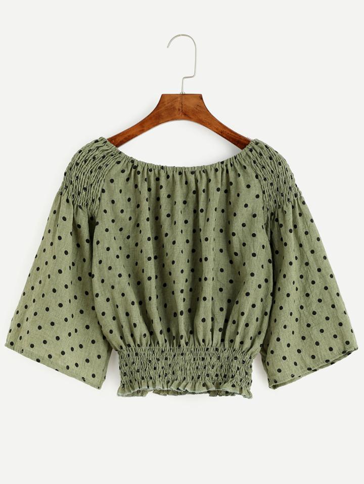 Romwe Army Green Polka Dot Print Shirred Trim Top
