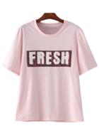 Romwe Pink Short Sleeve Letters Sequined T-shirt