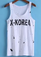 Romwe Letter Speckled Print White Tank Top