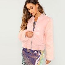 Romwe Faux Fur Sleeve Zip Up Jacket