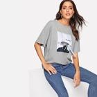 Romwe Figure Print With Letter Ribbon Detail Tee