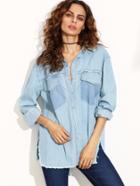 Romwe Blue Slit Side Raw Hem Denim Blouse